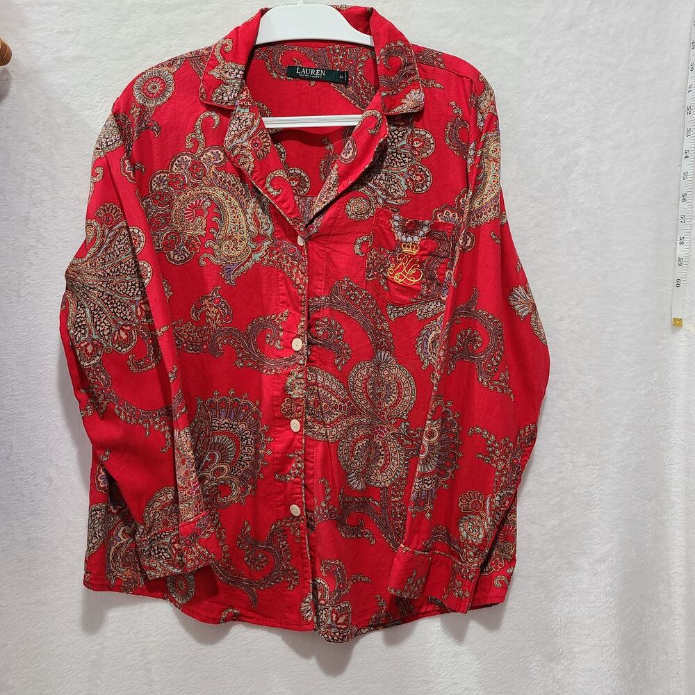 Lauren Ralph Lauren Women's Red Paisley Sleep Shirt Button Up Size XL
